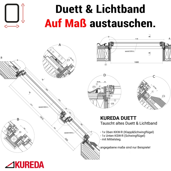 1zuMaß Dachfenster®  mit Klapp&Schwingfunktion als Alte Lichtband & Duett tauschen